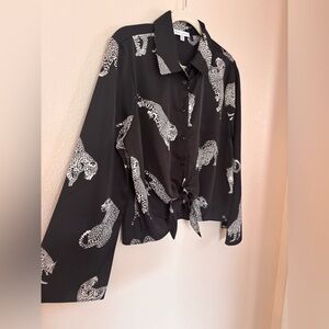 Black Button-Up Shirt with Leopard Print . Size L